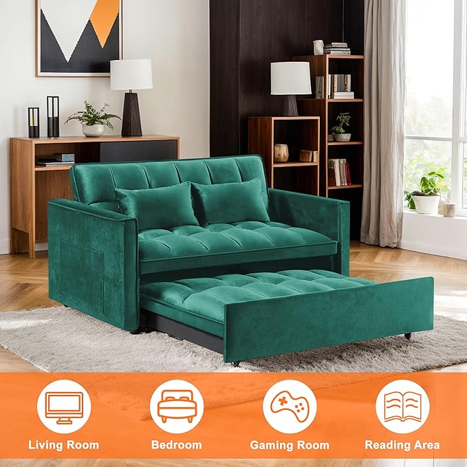 3 in 1 Convertible Sleeper Sofa BedFuton Pull Out Couch with Adjustable BackrestVelvet Fabric Loveseat Sofa with Side Pocket for Bedroom Living Room