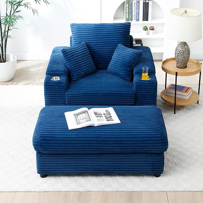 43.3 W Oversized Corduroy Chaise Lounge Chair Comfy Sleeper Sofa with Cup Holder and Storage Ottoman 3 Throw Pillows Included Deep Seat Upholstered Reading Chair for Living Room (Blue)