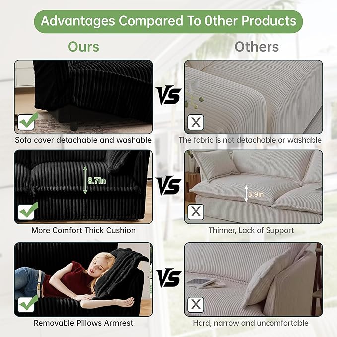 Modular Accent Armchair with Ottoman and Pillows Soft Corduroy Lounge Chair for Living Room Bedroom or Reading Nook – Oversized Chaise Lounge Design (Black Single Chair)