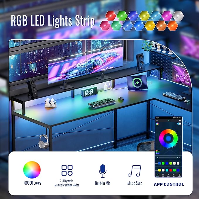 Pamray 64 Inch L Shaped Gaming Desk with Power Outlets and Led Lights Large Corner Computer Desk with Monitor Stand and Pegboard PC Table for Home Office and Bedroom Red