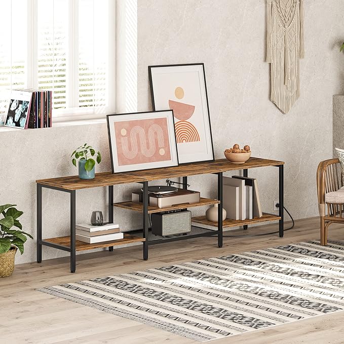 HOOBRO TV Stand with Power Outlets to 75 Inches TV Console Table with Open Storage Shelves Cabinet Industrial Media Entertainment Center for Living Room Bedroom Rustic Brown and Black BF80DS01