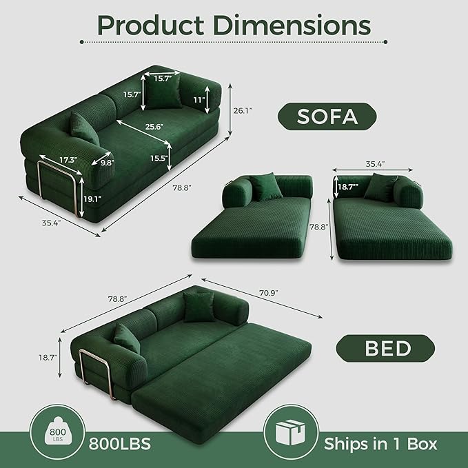 78.5'' Convertible Folding Sofa Bed – 4-in-1 Modular Floor Couch Corduroy Small Cloud Couch Compressed Foldable Sleeper Sofa King Size Futon for Bedroom Guest Room (Green (Dark))