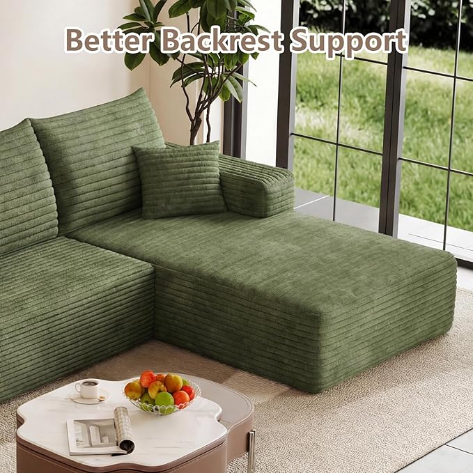 95 Cloud Sectional Couch with L-Shape Chaise Modular Comfy Sofa Chaise Longue Upholstered Corduroy Couches Sleeper with Deep Seat for Living Room Bedroom No Assembly Required(Green Right Facing)