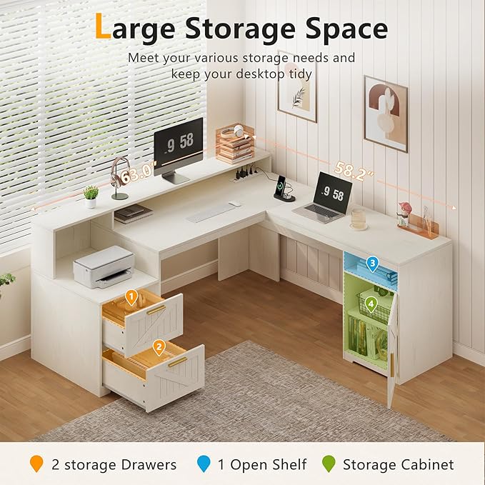 63 Farmhouse L Shaped Executive Desk with Drawers &amp Storage Shelf Corner Computer Desk with Power Outlets L Shaped Office Desk with Monitor Stand Printer Shelf White