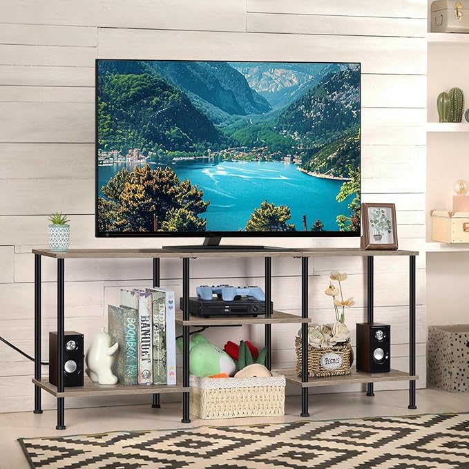 50 Inch TV Stand with Power Outlet Small Entertainment Center with Storage 3 Tier TV Consoles for Living Room Bedroom Office Farmhouse TV Media Console Table for 50 43 40 32 Inch TV Rustic Grey