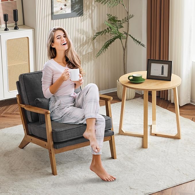 Karl home Accent Chair Wide Armrest Mid-Century Lounge Chair Linen Fabric Armchair with Lumbar Pillow &amp Solid Wood Frame for Living Room Bedroom Balcony Gray