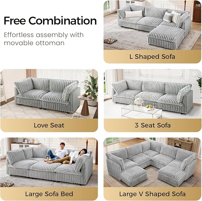 KKL Modular Sectional Couch for Living Room L Shaped Corduroy Couches with 1 Ottomans 4 Seater Oversized Sofa Soft Fabric Modern Sofa Grey