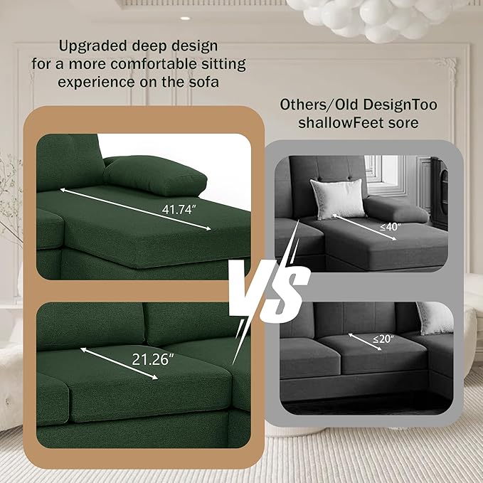 111 Sectional Couch for Living Room Modern Polyester Fibre U Shaped Sofa Couches with Double Chaise Upholstered 4 Seater Sofa for Living Room Apartment Office Dark Green