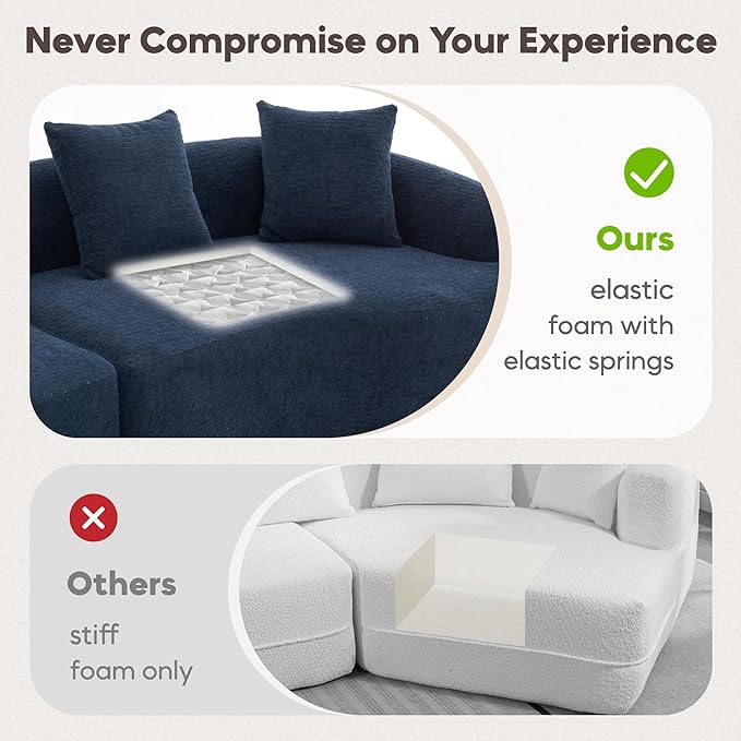 Yoglad 110‘’ Boneless Curved Sofa Modern Cloud 4-Seater Floor Couch Minimalist Compression Sofa for Living Room Apartment Studio Office No Assembly Needed(Chenille Navy Blue)