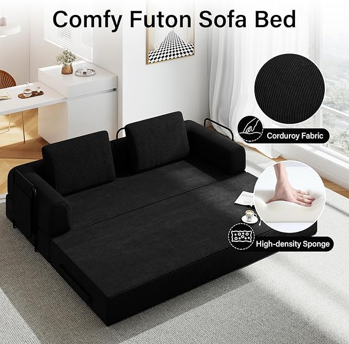 78'' Sleeper Couch Bed for Living Room Convertible Modular Sofa with Fixed Frame &amp Side Pocket Corduroy Futon Boneless Couches in a Box No Assembly Black