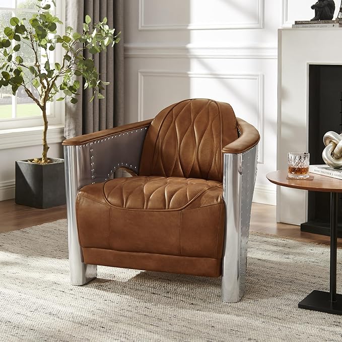 Zouron Genuine Leather Accent Chair Upholstered Aviator Chair with Aluminum Legs Vintage Leather Single Sofa Barrel Chairs Cognac