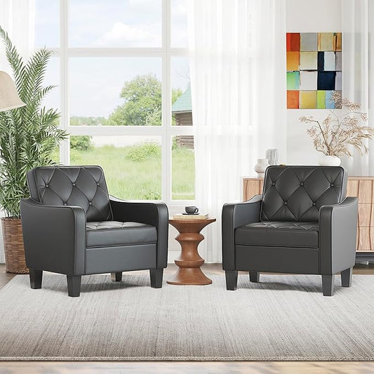 STHOUYN Living Room Arm Chairs Set of 2 Black Faux Leather Accent Chair Waiting Room Chairs Office Reading Chair for Guest (2 Black)