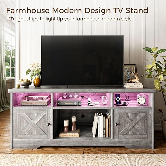 Casaottima TV Stand for 65 Inch TV Farmhouse Entertainment Center with Power Outlet &amp LED Light and Storage Cabinets Console Table and Media Furniture for Living Room Bedroom Gray Oak