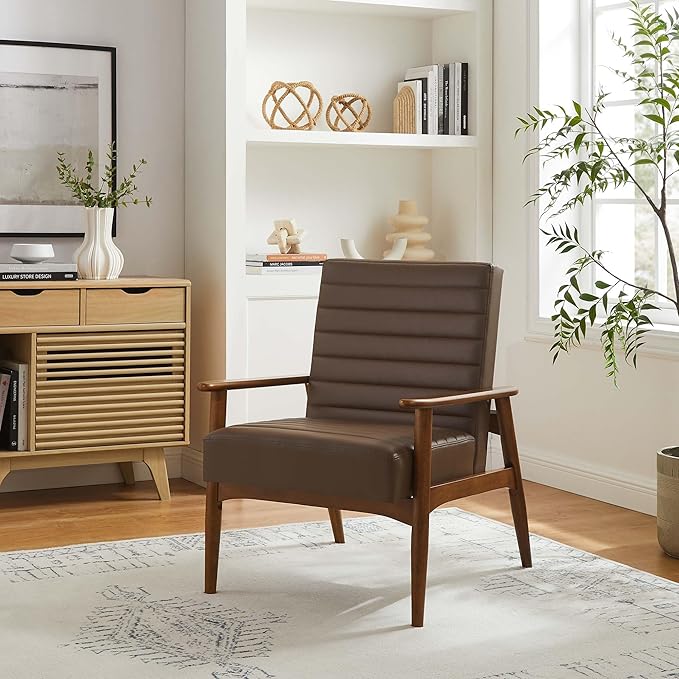 Modway Jensen Vegan Leather Accent Chair in Walnut Brown - Mid-Century Modern Armchair with Solid Wood Legs &amp Armrest - Upholstered Faux Leather Single Side Chair - Reading Chair for Living Room