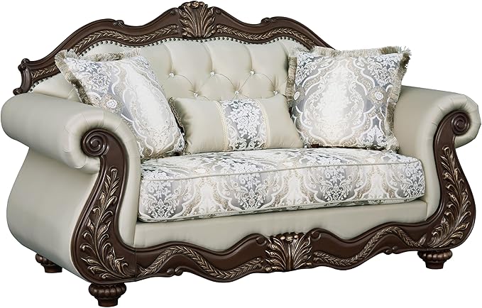 Acme Pierce Fabric Upholstered Armrest Loveseat with 3 Pillows in Beige &amp Cherry