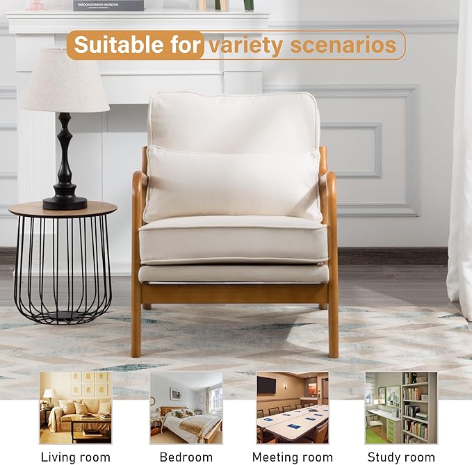 Accent Chair with Cushion Mid-Century Modern Upholstered Single Reading Armchair with Linen Fabric + Solid Wood Frame for Living Room Bedroom Lounge Balcony (Beige)