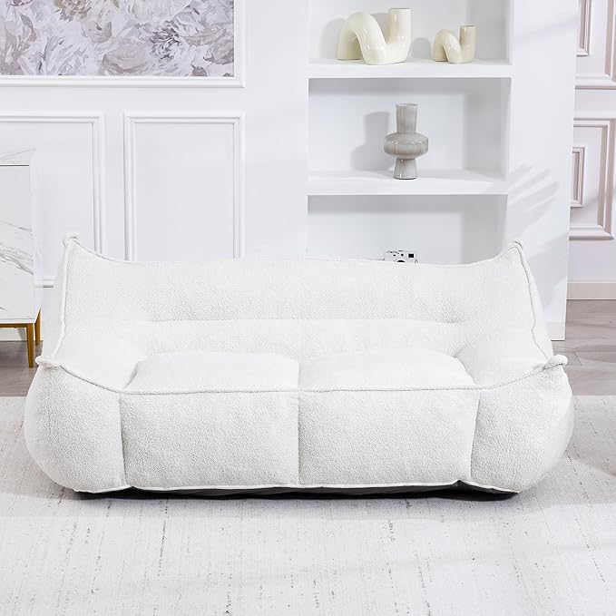 Ergonomic Bean Bag Chair - Premium Faux Fur Sofa with High-Density Foam Core Multi-Scene Comfort Seating for Living Room/Bedroom/Apartment Beige/White (2 Seat)