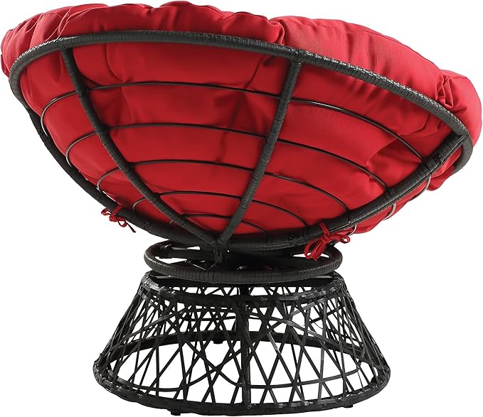 OSP Home Furnishings Wicker Papasan Chair with 360-Degree Swivel Grey Frame with Red Cushion