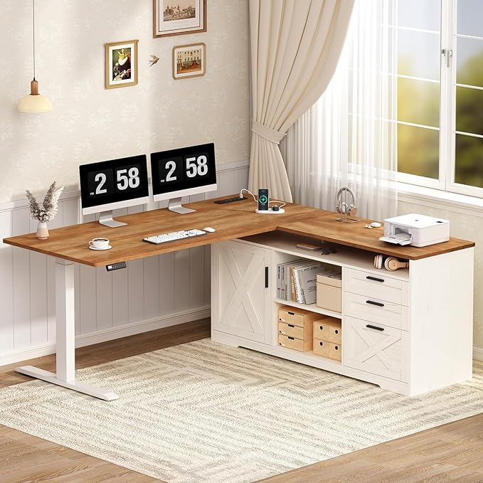 Farmhouse L Shaped Electric Standing Desk with File Cabinet 55 inch Height Adjustable Computer Desk with Drawers ＆ Storage Shelves Corner Standing Desk with Power Outlets Brown and White