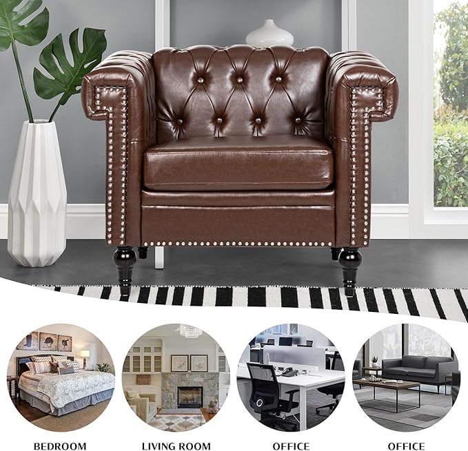 Modern Living Room Chairs Oversized Chesterfield Chair Brown Faux LeatherTufted Arm Accent Chairs Deep Seat Comfy Classic Club Wingback Single Sofa Chair for Bedroom Office Sofa Chair Sets