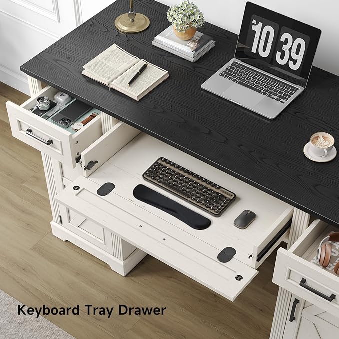 ONBRILL 55 inch Farmhouse Executive Desk with Drawers Home Office Desk with File Cabinet Outlets Storage Cabinet Keyboard Tray Wood Computer Desk for Work Study Writing Off White &amp Black