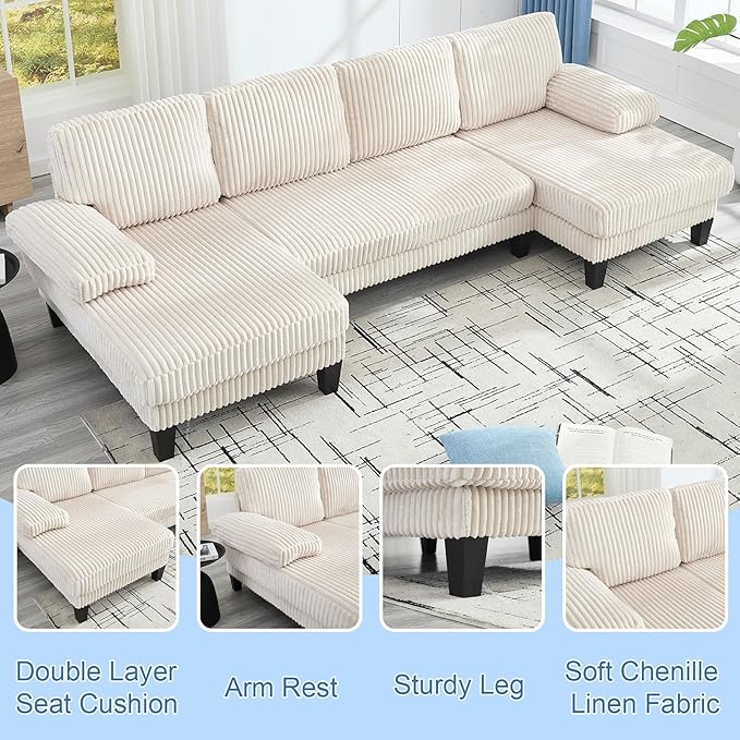 Sectional Couches for Living Room 114 Cloud Couch Modular Sofa Convertible U Shaped Couchs with Double Chaise 4-Seat Deep Seats Corduroy Sleeper Sofas for Home Furniture Beige