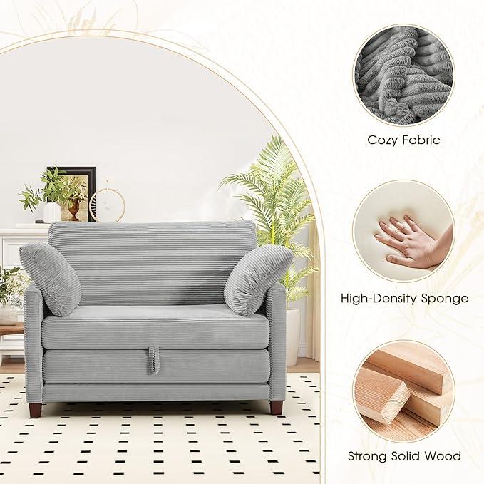 51 Convertible Loveseat Sofa Bed 2-in-1 Folding Sofa Bed with 2 Pillow for Small Spaces Modern Loveseat Sleeper Couch for Apartment Living Room &amp Guest Room (Light Grey Corduroy 51 inch)
