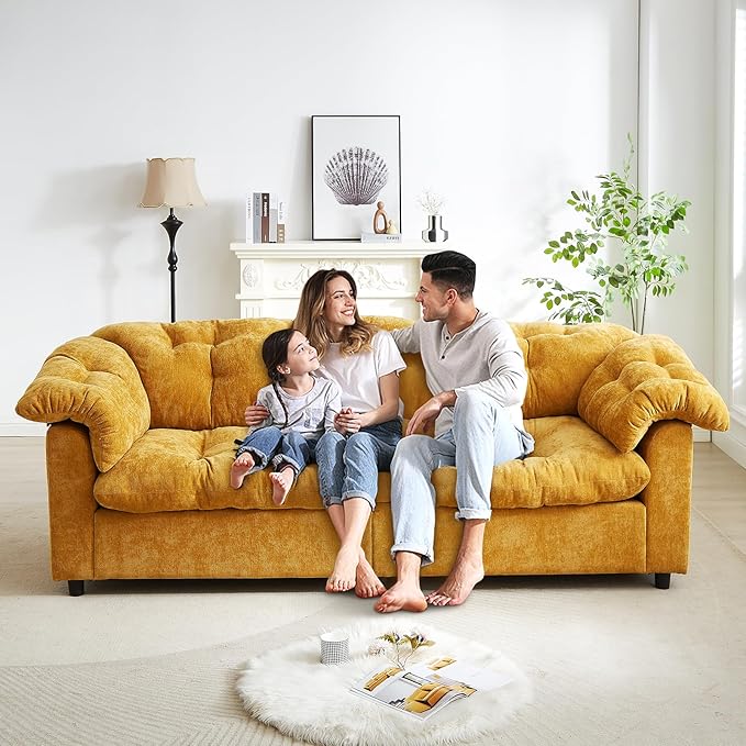 3-Seater Couch 94.8 inch Oversized Modern Comfy Tufted Chenille Fabric Cloud Fluffy Foam Deep Seat Soft Loveseat Sofa Couch for Living Room Bedroom Office Yellow