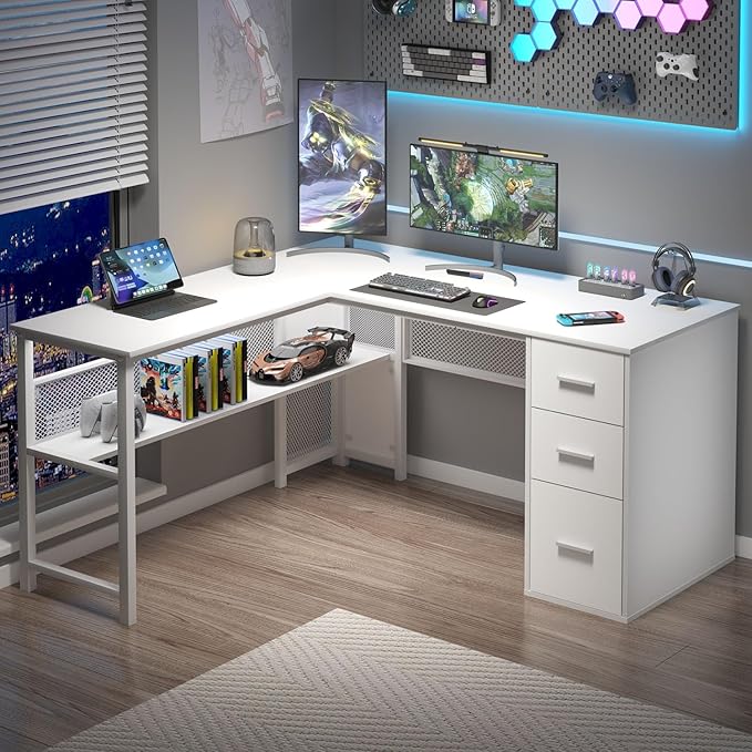 LVB White L Shaped Corner Desk with Drawers Reversible Modern L-Shaped Computer Desk with Storage Cabinet Shelves Large Wood Metal L Shape Home Office Desk for Work Study Writing Gaming 59 Inch