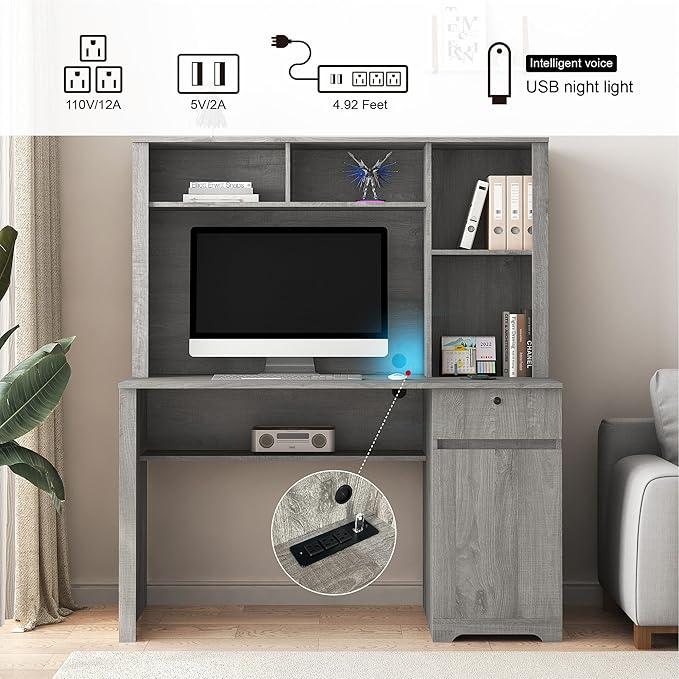 Computer Desk with Hutch BookshelfWood Executive Desk Teens Student Desk Writing Laptop Home Office Desk with Drawers3 AC Outlets and 2 USB Charging PortsStudy Laptop Table for Home