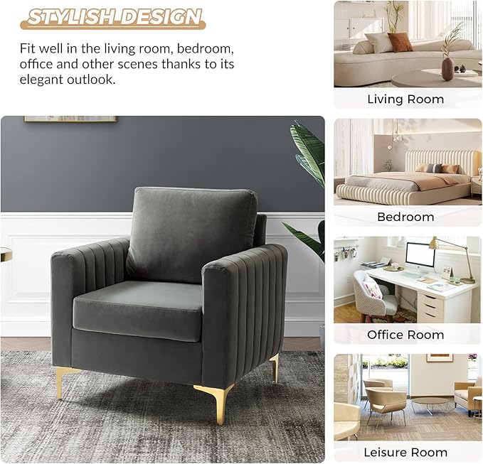 HULALA HOME Velvet Accent Club Chair Modern Velvet Armchair Upholstered Accent Sofa Chair with Gold Metal Legs Mid-Century Barrel Leisure Comfy Reading Armchair Grey