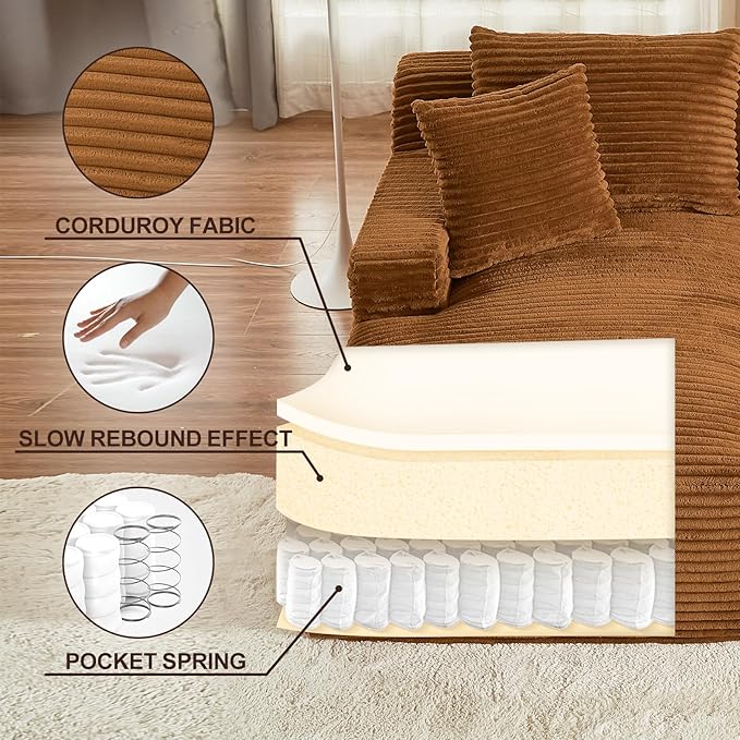 79 Double Chaise Lounge Chair Indoor: Oversized Comfy Corduroy Upholstered Boneless Couch with 4 Pillows for Living Room Bedroom and Apartment Deep Seat Sleeper Sofa 2-Seat Brown