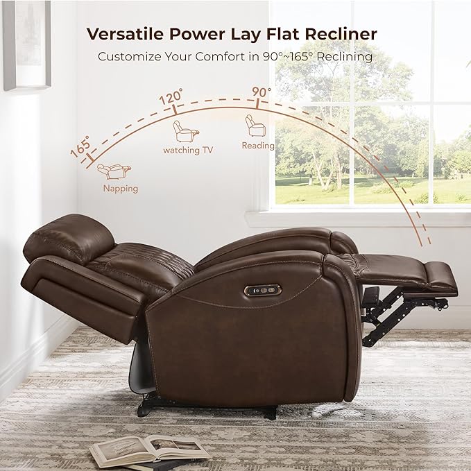 CHITA Genuine Leather Recliner Chair for Adults with Adjustable Power Headrest Lay Flat Power Recliner with Slide-Out Cupholders &amp USB/Type-C Ports Living Room Chair Brown