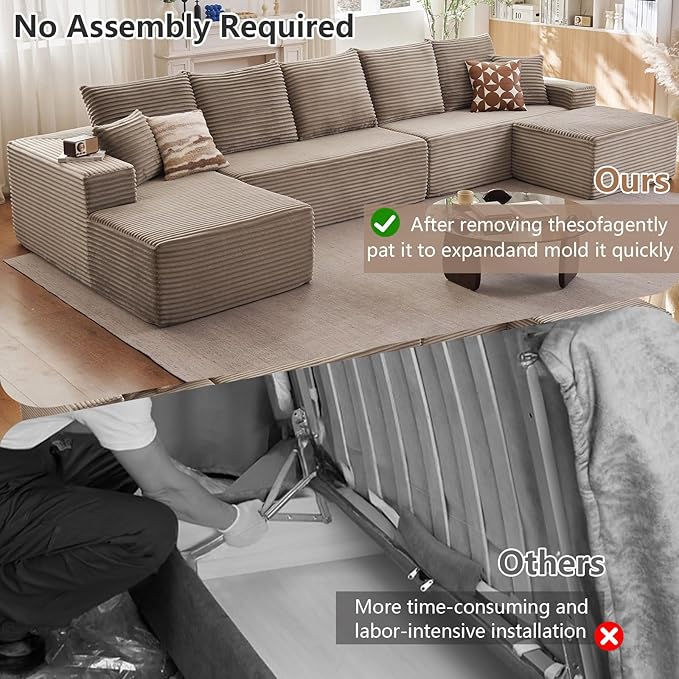 Cloud Modular Sectional Sofa for Living Room167x69.7 Oversized U-Shaped Couch with 7 PillowsBig Comfy Couches SetFluffy Corduroy Sofa with Ottoman &amp ChaiseNo Assembly(CamelLeft-Facing Chaise)