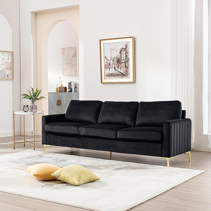 2 Piece Sofa and Loveseat Set Comfy Tufted Velvet Couch and Loveseat Sets Furniture with Gold Leg Mid Century Modern Couch Soft Upholstered Sofa Set of 2 for Living Room Bedroom Office (Black)