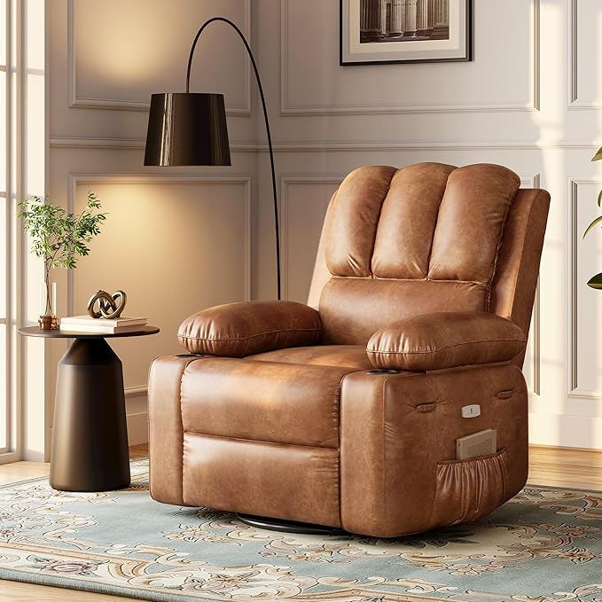 22 Wide Electric Recliner Chair for Adults Swivel Rocking Recliner with Massage &amp Heat PU Leather Lounge Chair with Remote and Cup Holders for Living Room Nursery Two-Tone Vintage