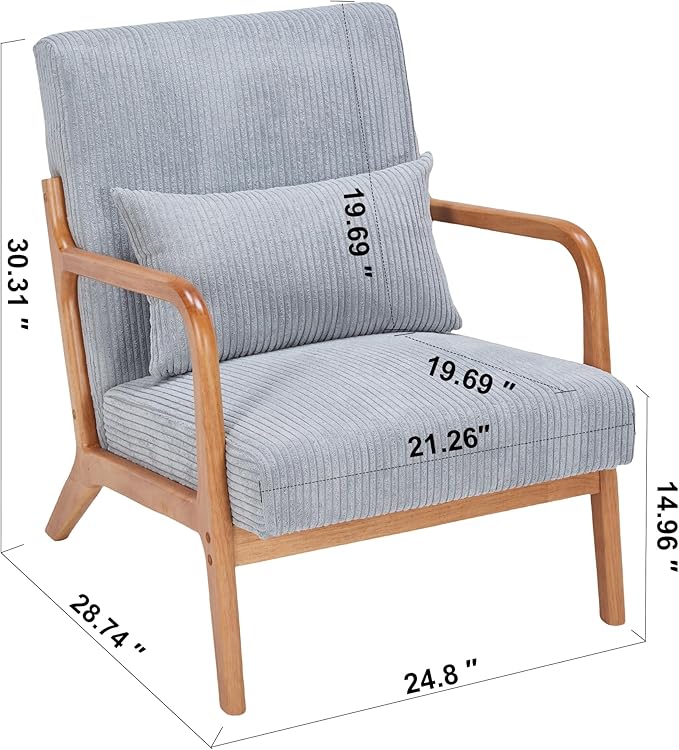 Mid-Century Accent Chair Upholstered Fabric Living Room Chair with Solid Wood Frame Modern Small Side Arm Chairs Comfy Wingback Reading Chair for Bedroom Office (Light Gray)
