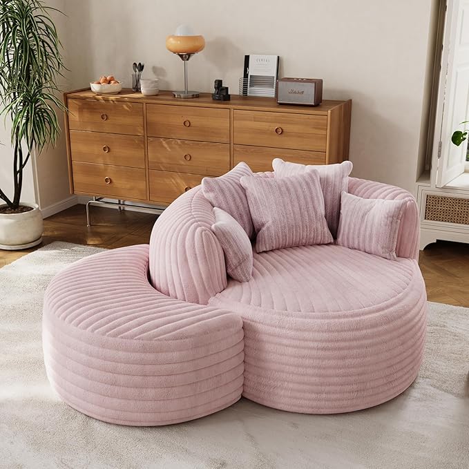50 Oversized Chaise Lounge Indoor Round Reading Chair Lounge Chair with Ottoman Boneless Sofa Bed Large Fluffy Plush Corduroy Chaise Chair for Living Room Playroom Bedroom Pink