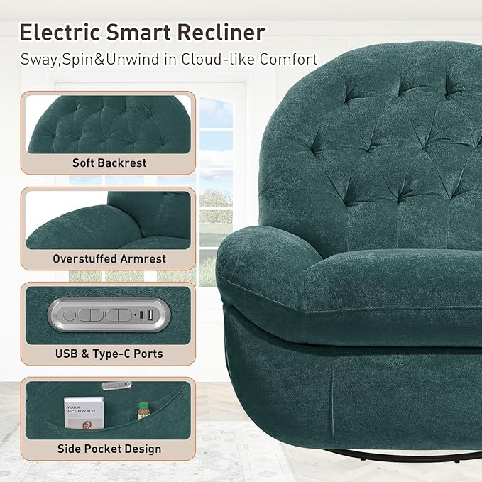 EONIX Stylish Power Swivel Rocker Recliner Chair for Living Room Rocking All Positions Dual Motor Independently Controlled Backrest and Headrest SXXY005021 Green