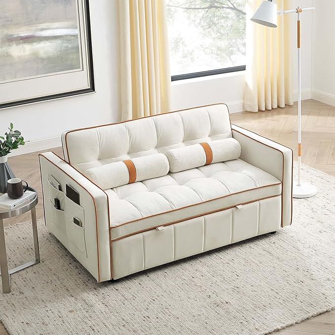 Sleeper Sofa Couch w/Pull Out Bed 55 New Upgraded Tufted Velvet Convertible Sleeper Couch Bed Small Love seat Sofa w/ 2 Pillows for Small Space Living Room Apartment Beige