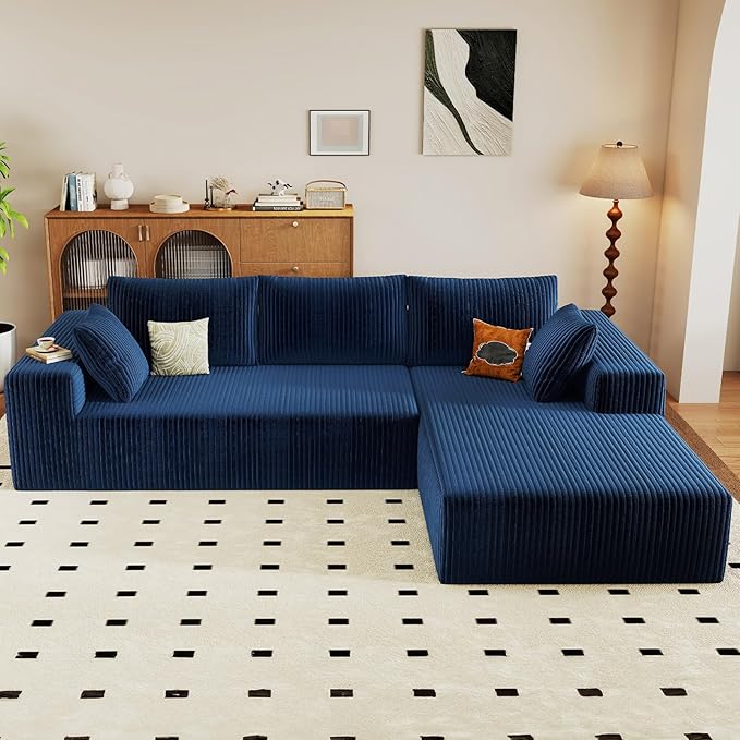 Modular Sectional Sofa Cloud Sectional Couch96 Comfy Fluffy L-Shaped Couches for Living RoomDeep Seat Memory Foam Plush Corduroy Boneless Couch Sectionals No Assembly (BlueRight-Facing Chaise)