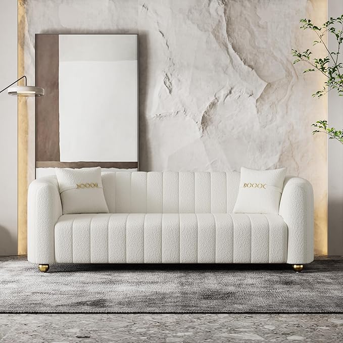 Luxury Teddy Plush Sofa for Living Room 84 Mid-Century Modern Couch 3 Seater Sofa with Gold Legs &amp 2 Pillows Sectional 3 Seater Couch Upholstered Sofa for Living Room Home Office Apartment