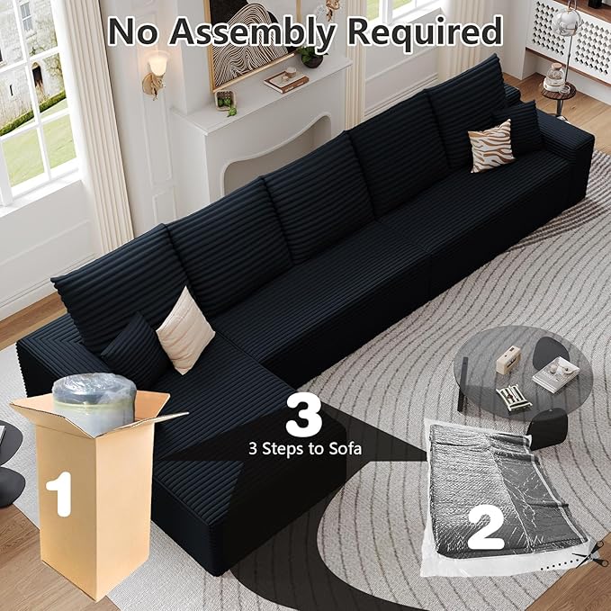 166.9 Cloud Sectional Couch with L-Shape Chaise Modern Modular 4-Seater Sofa with Deep Seat Corduroy Upholstered Couches for Living Room Bedroom No Assembly Required(Black Left Facing)