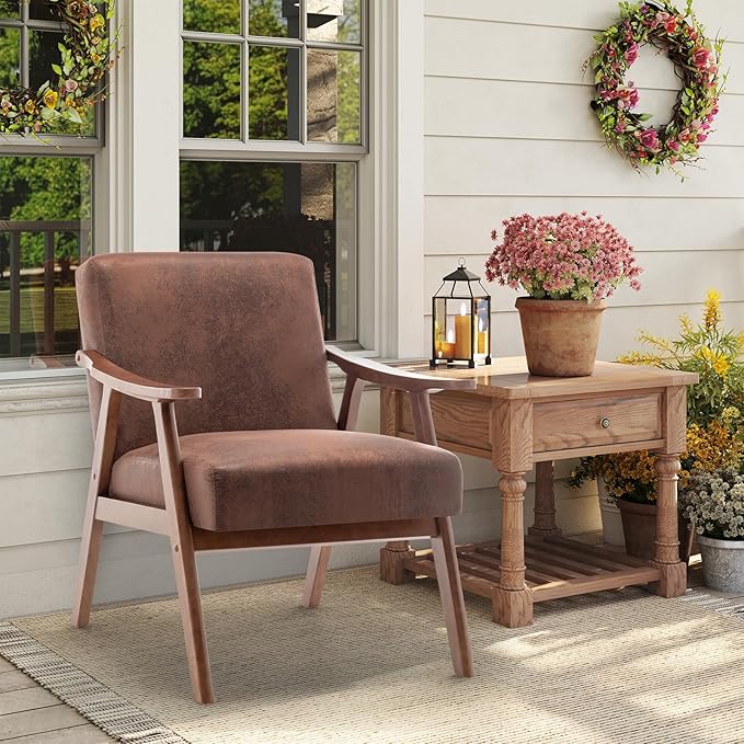 Rovibek Upholstered Accent Chair with Arms - Mid Century Modern Accent Chairs with Wood Frame Upholstered Arm Chairs with 5.9in Thick Foam Brown Occasional Chair