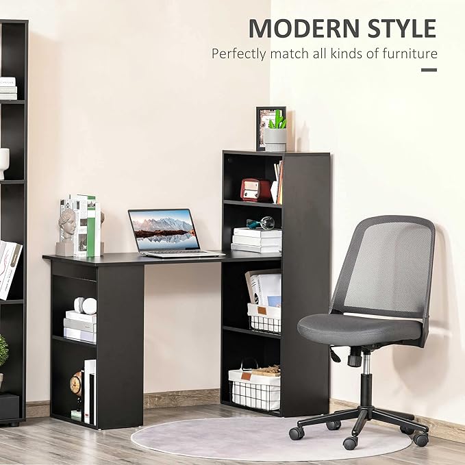 Modern Home Office Desk with 6 Tier Storage Shelves 47 Writing Table with Bookshelf Black