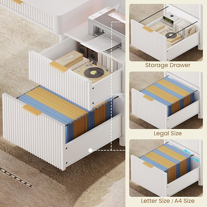 SEDETA Office Desk with 4 Storage Drawers 59 Fluted Wood Gaming Computer Desk with LED Lights and Power Strip Modern Writing Desk Study Table for Home Office Living Room Bedroom White