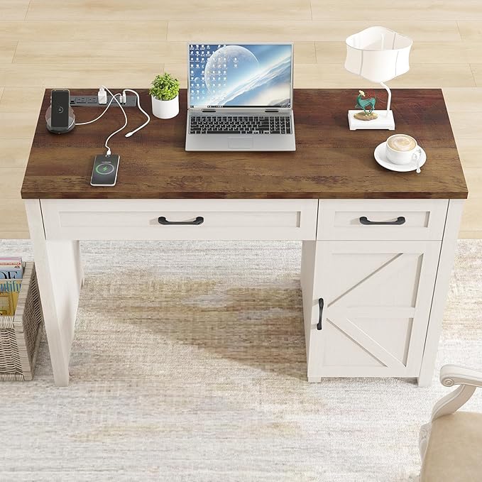 Farmhouse 47 Executive Desk Computer Desk with Drawers and Storage Cabinet Workstation Computer Desk for Home Office and Study Unique White