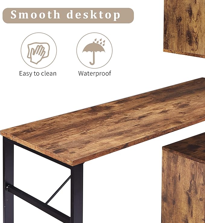 Home Office Computer Desk L Shaped Corner Table Rotating Computer Table with 5 Tier Bookshelf Four Installation Methods Lockable Casters (Tiger)