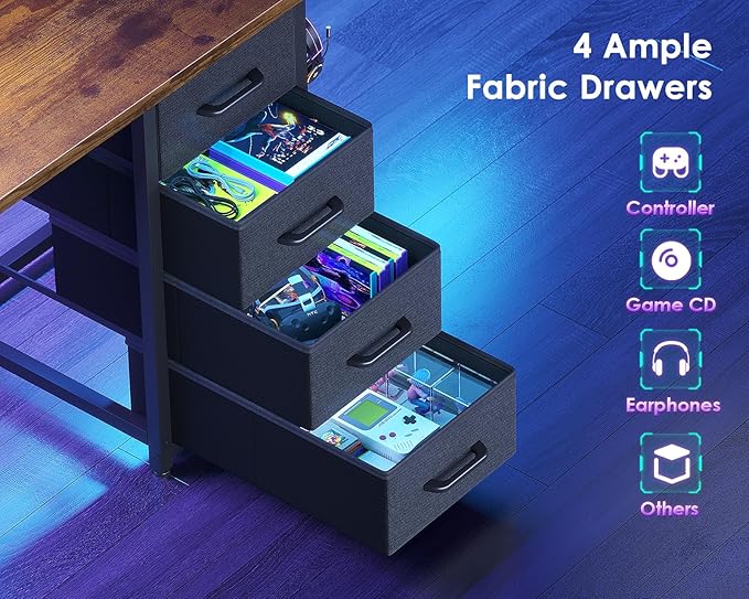 ODK 55 Inch Computer Desk with 4 Fabric Drawers &amp Power Outlets Home Office Desk with Monitor Stand &amp Shelves Brown