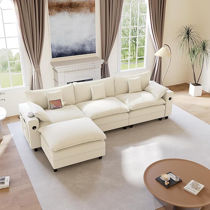 116 Modular Sectional Sofa L Shaped Cloud Couch with Movable Ottoman Chenille Deep Seat Cloud Sofa with Charging Station Cup Holder Side Pocket Sectional Couches for Living Room Beige